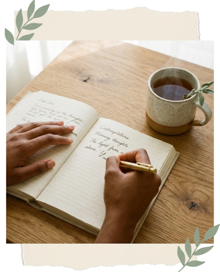 Hands writing in an open journal beside a warm cup of tea