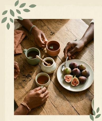 Three pairs of hands sharing tea and figs around a wooden table