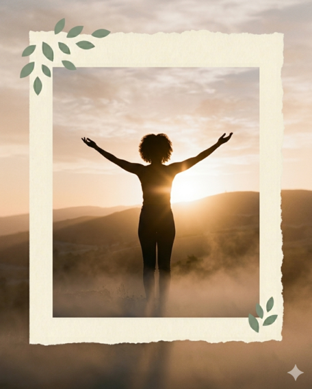 Silhouette of a woman with arms open at sunrise