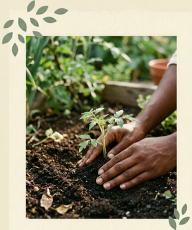 Hands planting a small seedling in rich dark soil
