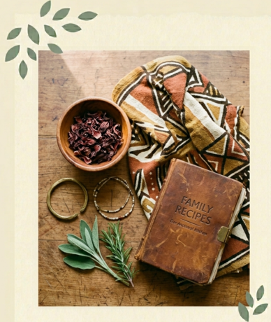 Heritage objects arranged on a wooden surface — recipe book, mudcloth textile, dried hibiscus, and fresh herbs
